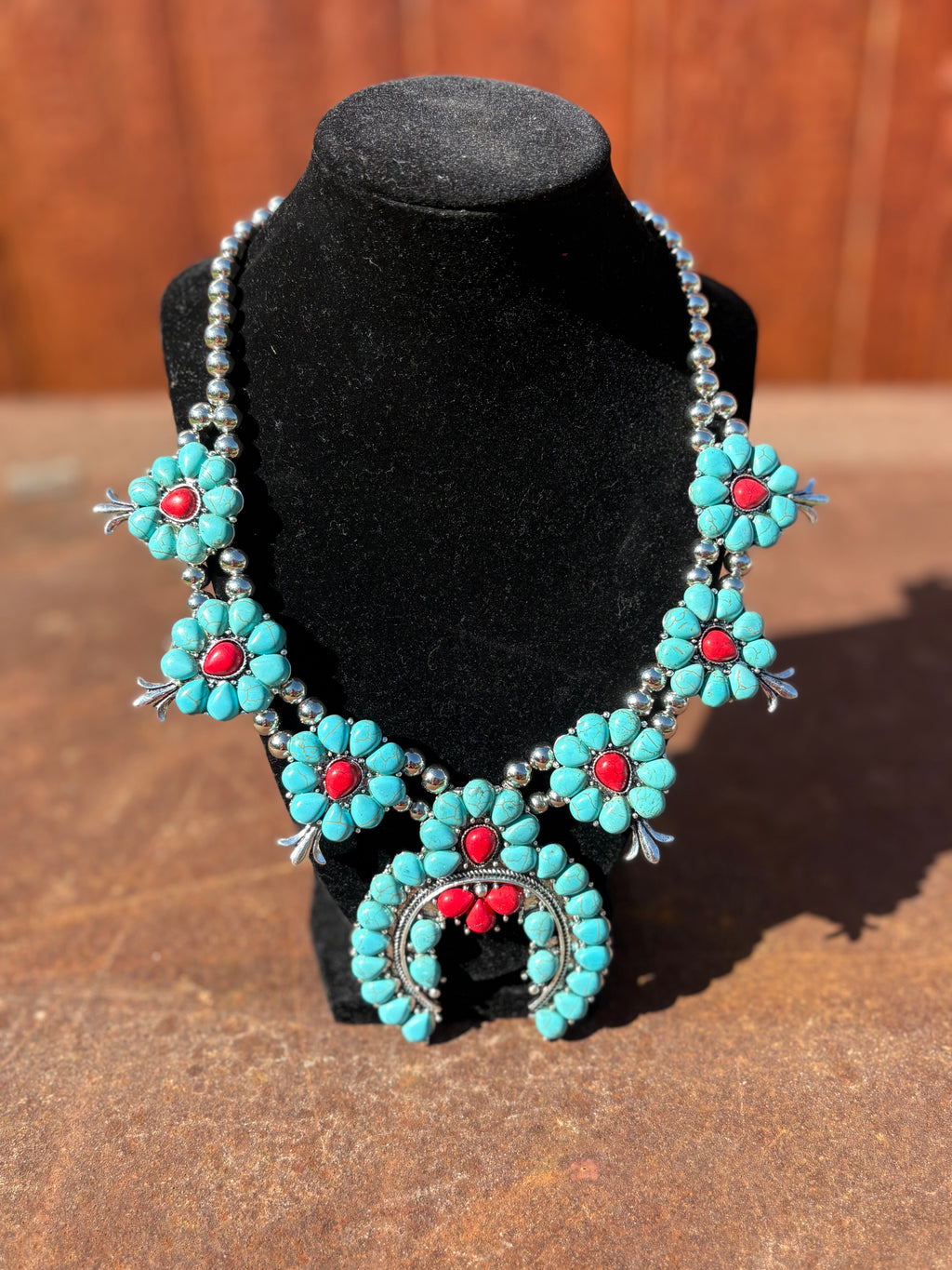 Red and Turquoise Squash Blossom Necklace