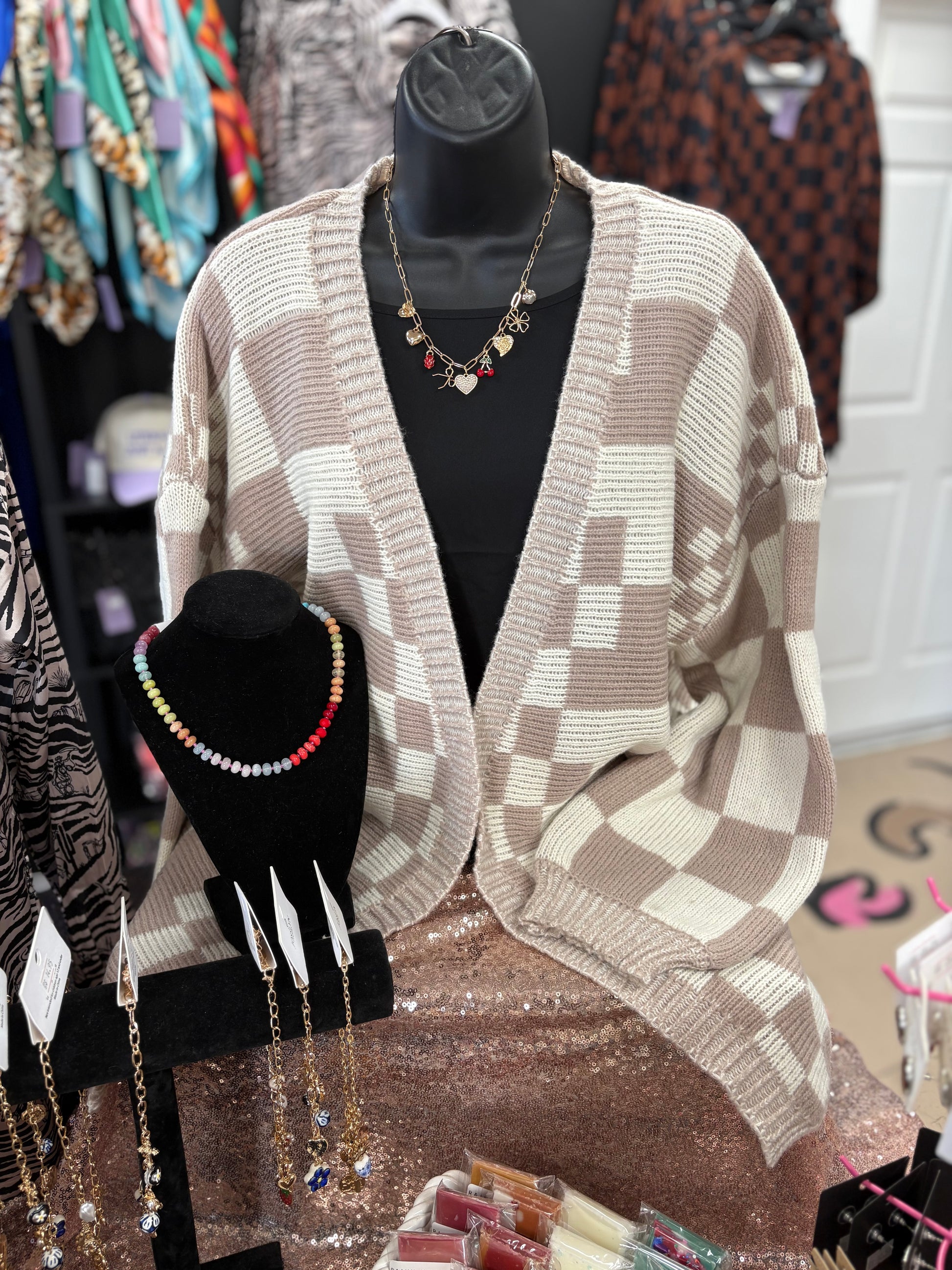 Oversized Checkered Cardigan-Tan