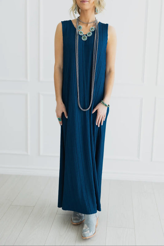 Navy Pleated Maxi Dress
