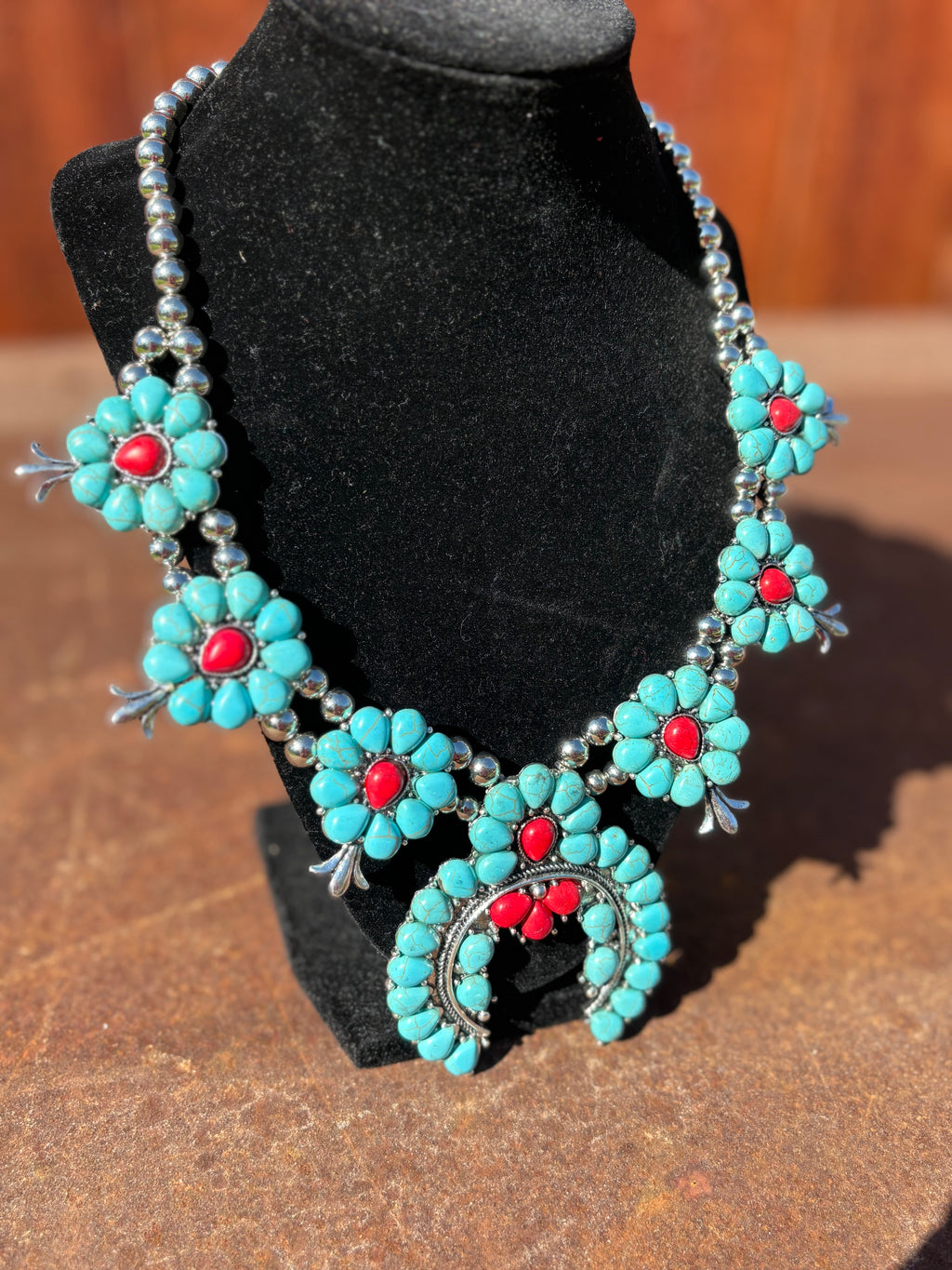 Red and Turquoise Squash Blossom Necklace